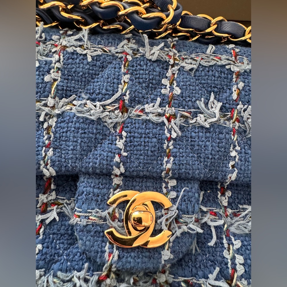 Chanel Blue Tweed Quilted Small Mini Classic Flap Bag - Picture 2 of 11